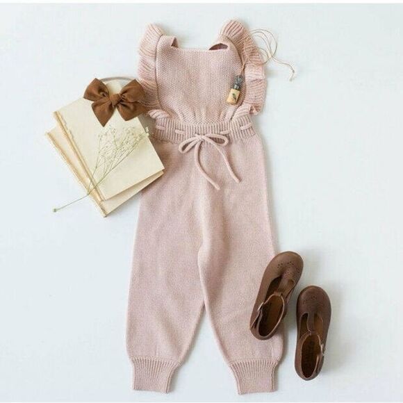Holley + Sage Little Girls Pale Dusty Pink Merino Wool Made in Peru Knit Romper - Picture 1 of 13